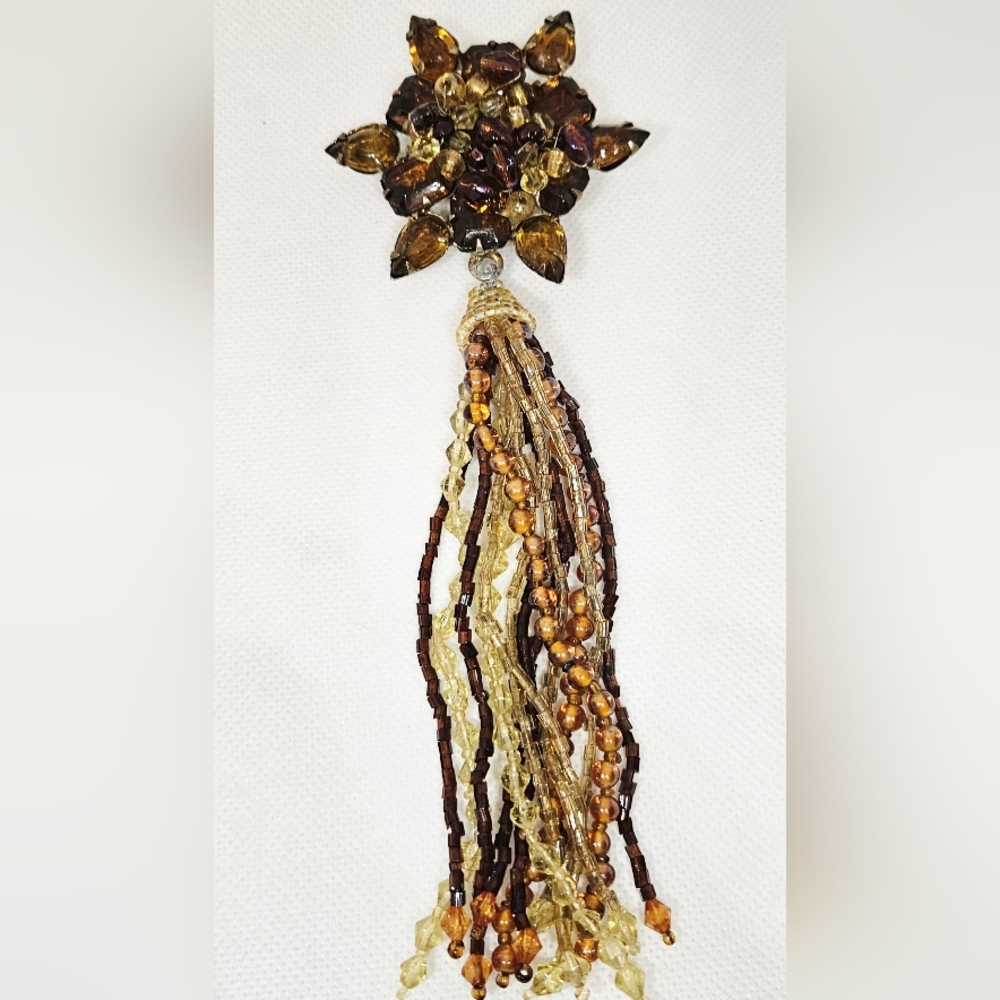 Vintage Amber & Topaz Toned Rhinestone Brooch with Long Beaded Tassel